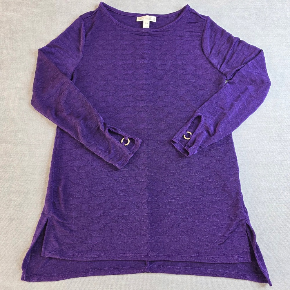 Dana Buchman Knit Tunic Women XS Purple shirt Grommet Cuff Textured Quiet Luxury